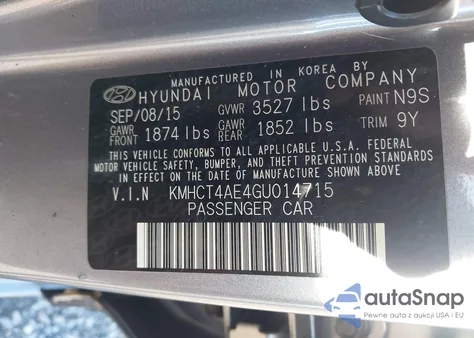 2016 Hyundai Accent Se from USA, damaged, VIN KMHCT4AE4GU014715